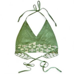 Vintage Sage Green And White Floral Crochet Triangle Bikini Cotton Bralette